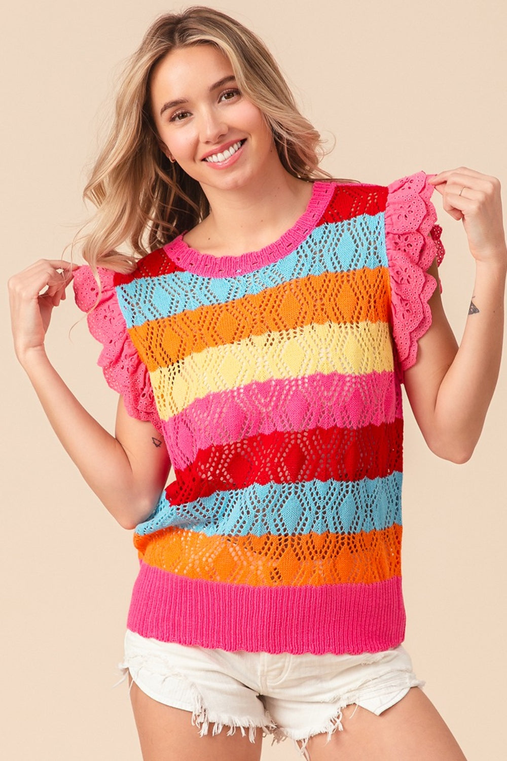 BiBi Pointelle Striped Ruffled Knit Top BiBi Pointelle Striped Ruffled Knit Top